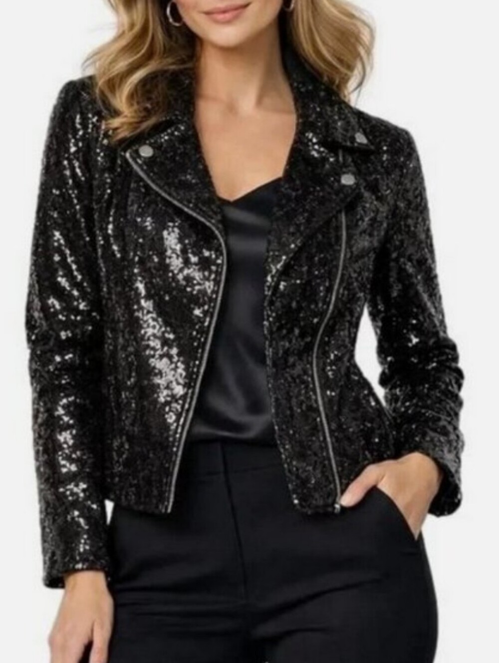 NWT Colleen Lopez Black Sequin Moto Jacket/Top. Medium And 3x
